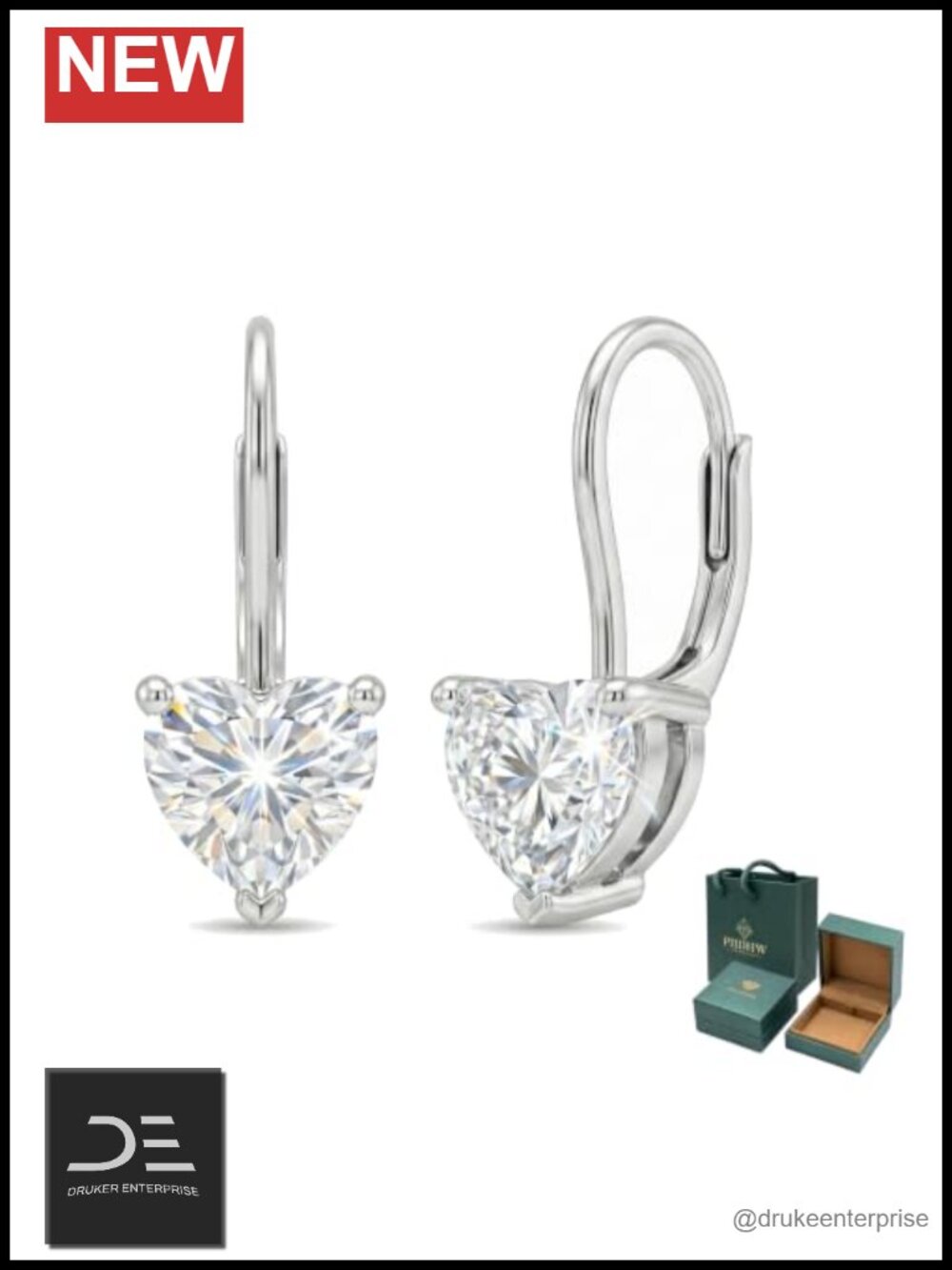 Moissanite Dangle Drop Leverback Earrings 18K White Gold Plated 925 Sterling